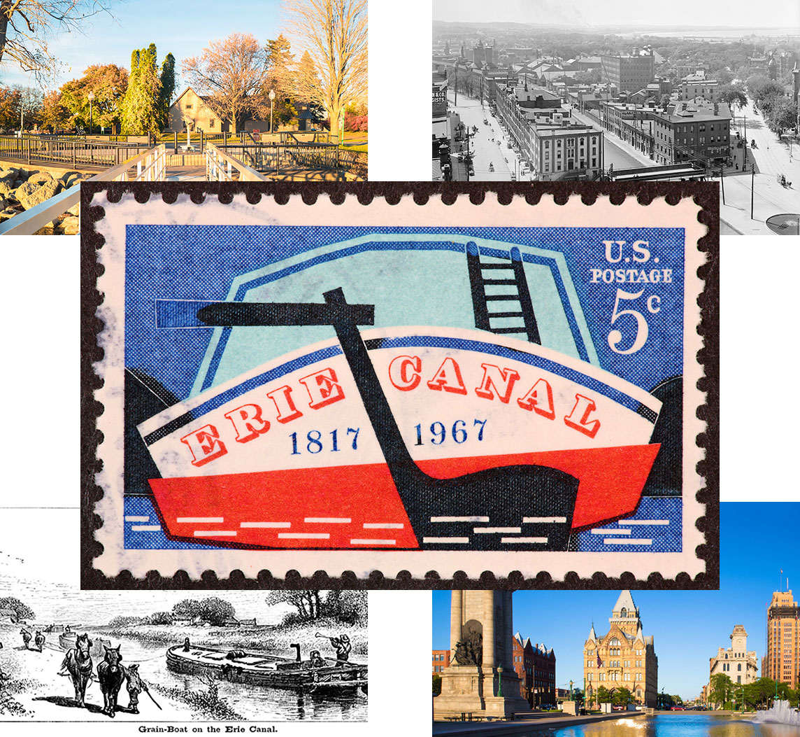 Medley of Syracuse and Erie Canal photos, illustrations and stamps